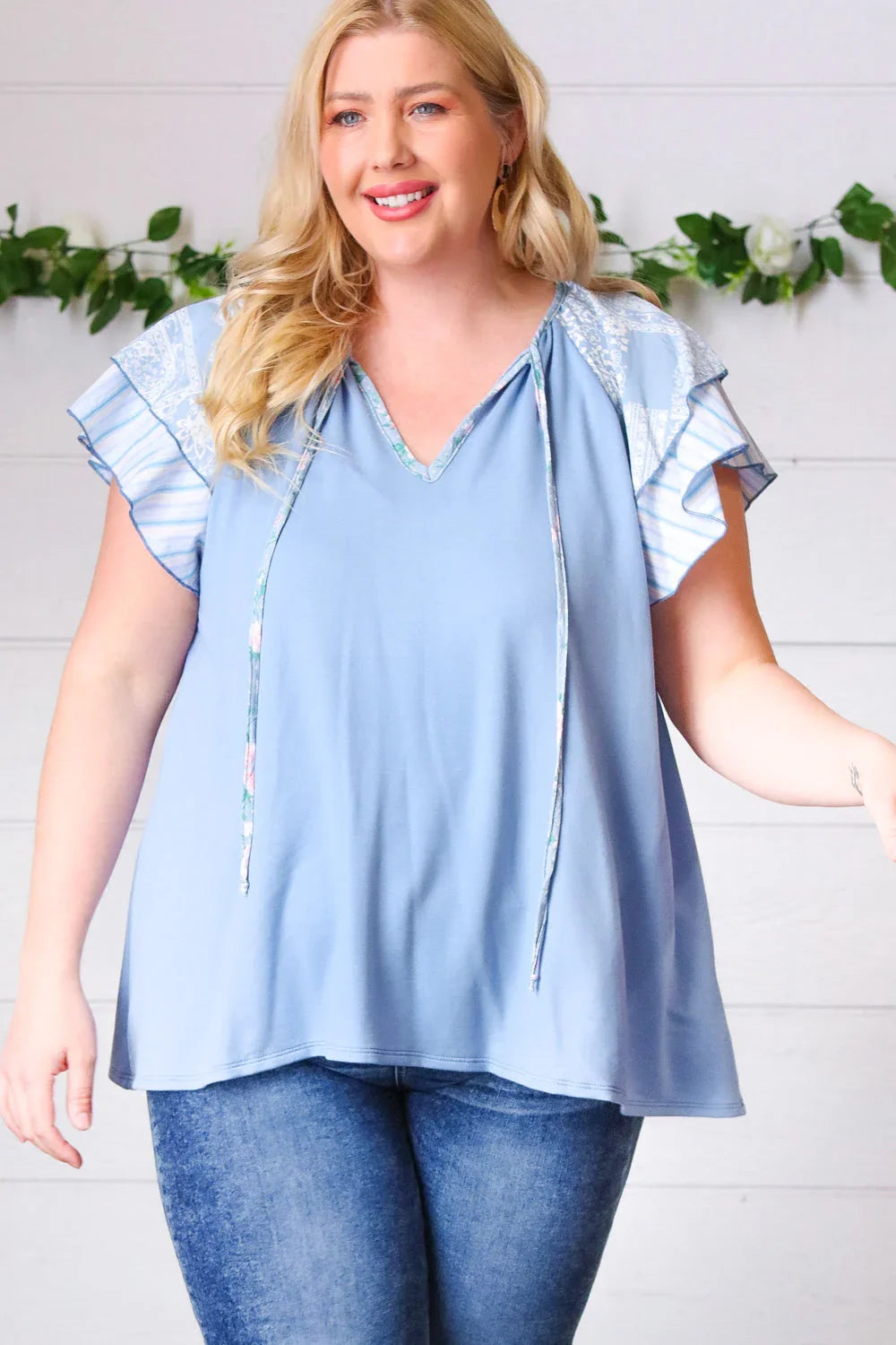 Blue Floral & Stripe V Neck Tie Double Flutter Sleeve Top | Daverri Fashions