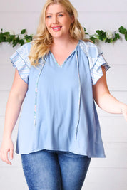 Blue Floral & Stripe V Neck Tie Double Flutter Sleeve Top | Daverri Fashions