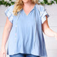 Blue Floral & Stripe V Neck Tie Double Flutter Sleeve Top - DAVERRI FASHIONS
