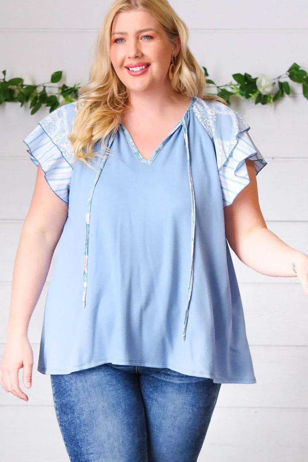 Blue Floral & Stripe V Neck Tie Double Flutter Sleeve Top - DAVERRI FASHIONS