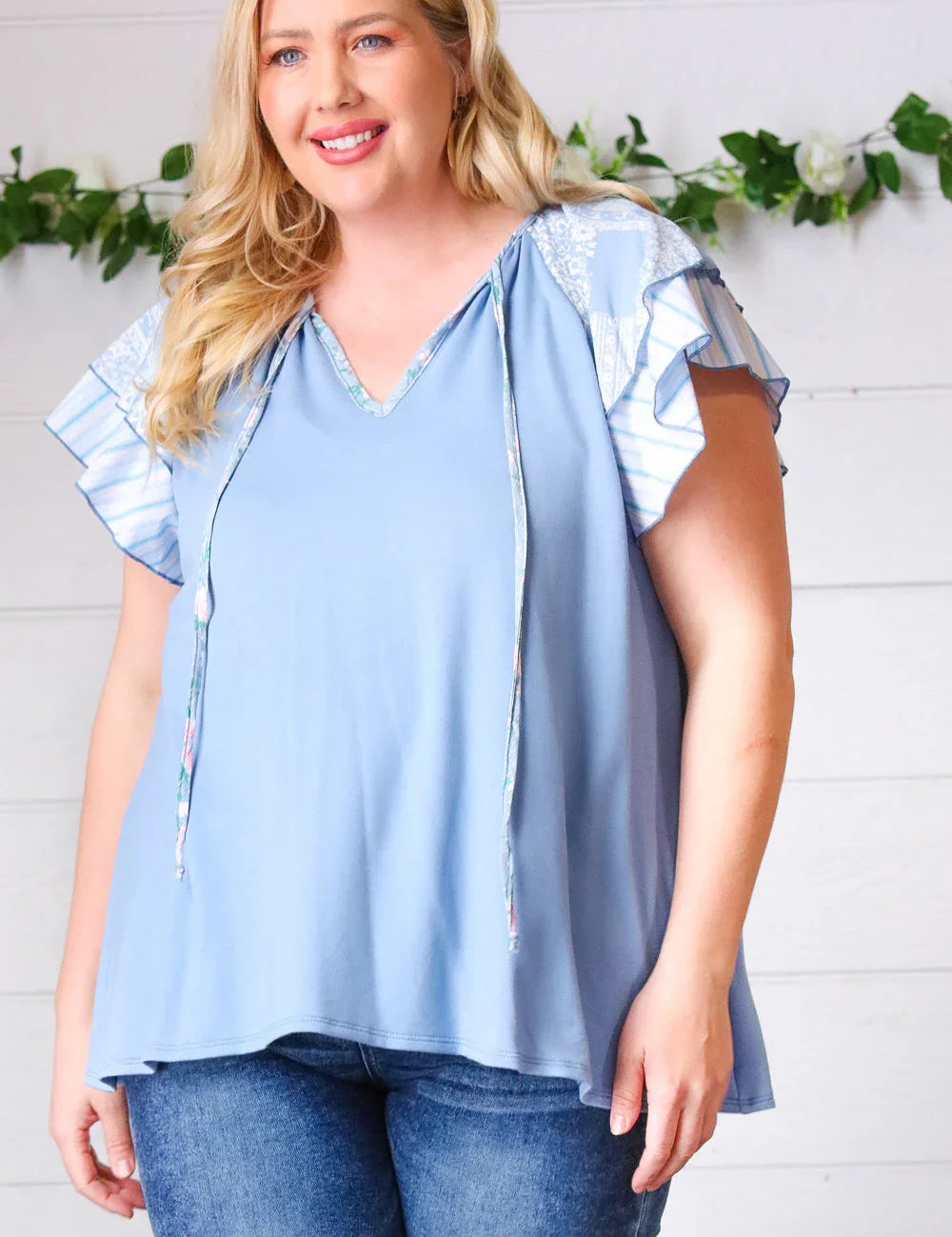 Blue Floral & Stripe V Neck Tie Double Flutter Sleeve Top | Daverri Fashions