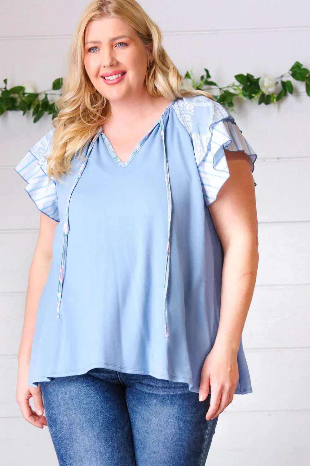 Blue Floral & Stripe V Neck Tie Double Flutter Sleeve Top | Daverri Fashions