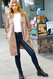 Dark Beige Veagan Leather Snap Button Shirt Jacket | Daverri Fashions