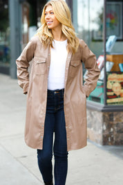 Dark Beige Veagan Leather Snap Button Shirt Jacket | Daverri Fashions