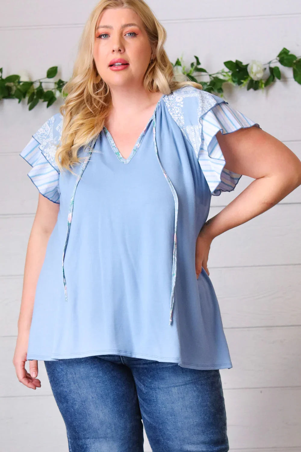 Blue Floral & Stripe V Neck Tie Double Flutter Sleeve Top | Daverri Fashions