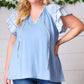 Blue Floral & Stripe V Neck Tie Double Flutter Sleeve Top - DAVERRI FASHIONS