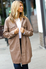 Dark Beige Veagan Leather Snap Button Shirt Jacket | Daverri Fashions