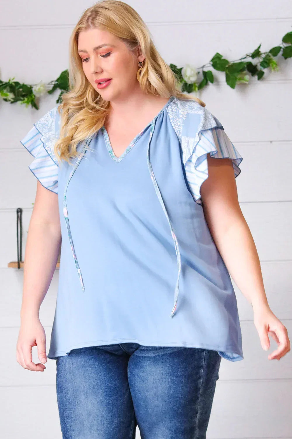 Blue Floral & Stripe V Neck Tie Double Flutter Sleeve Top - DAVERRI FASHIONS