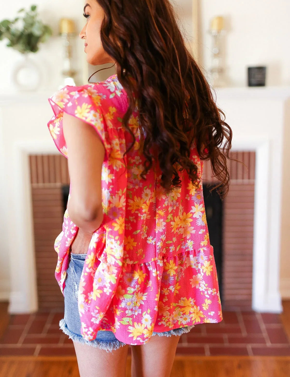 Diva Pink Floral Yoke Flutter Sleeve Keyhole Back Top | 07-01-25 Summer Sale Daverri Fashions