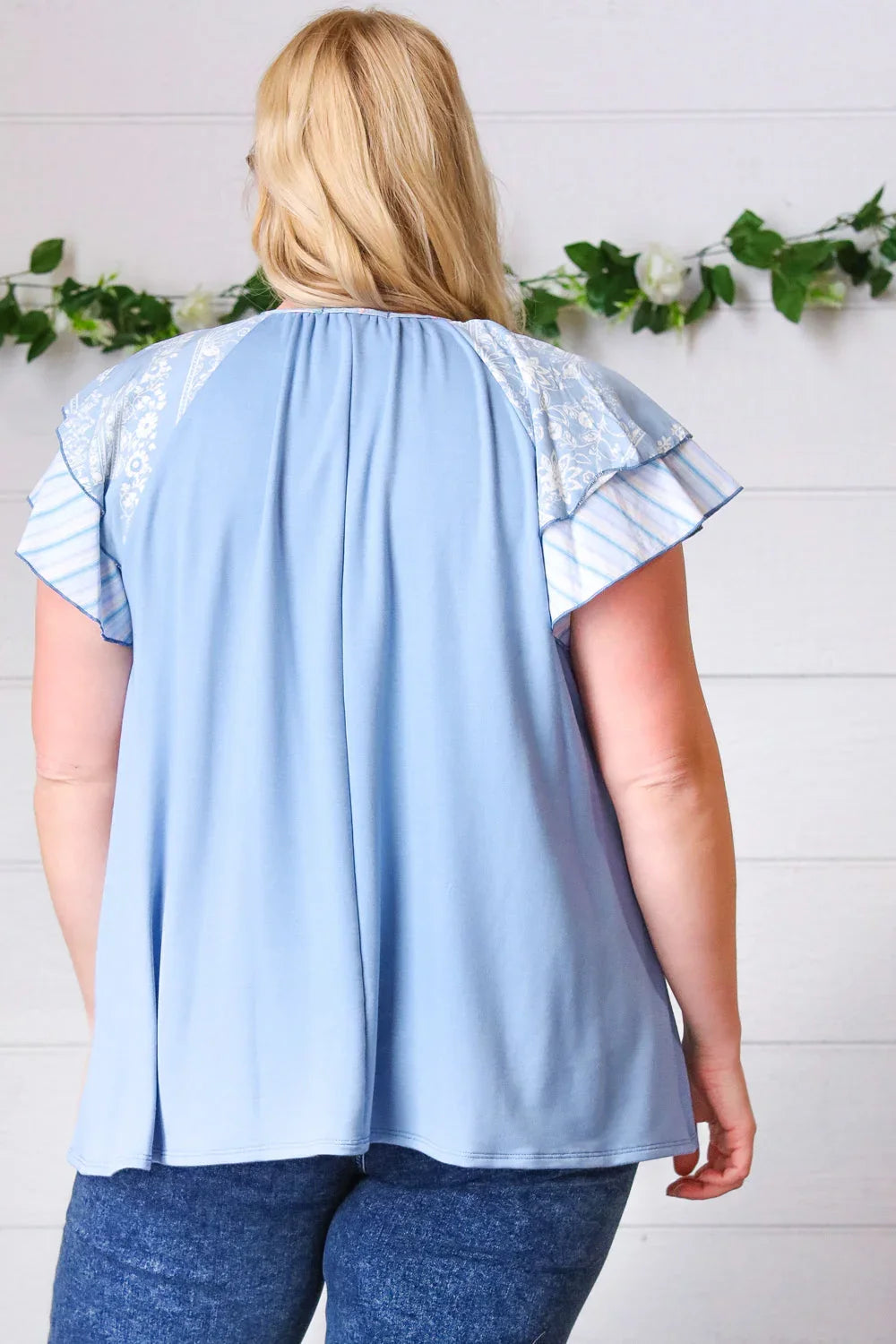 Blue Floral & Stripe V Neck Tie Double Flutter Sleeve Top | Daverri Fashions