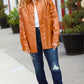 Tan Open Your Heart Rust vegan leather snap button shacket with classic collar and pockets