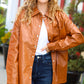 Tan Open Your Heart Rust vegan leather snap button shacket with pockets