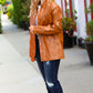 Tan Open Your Heart Rust vegan leather snap button shacket with classic collar and pockets