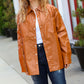 Tan Open Your Heart Rust vegan leather snap button shacket with pockets and collar