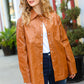 Tan Open Your Heart Rust vegan leather snap button shacket with collar and pockets