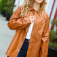 Tan Open Your Heart Rust vegan leather snap button shacket with classic collar and pocket
