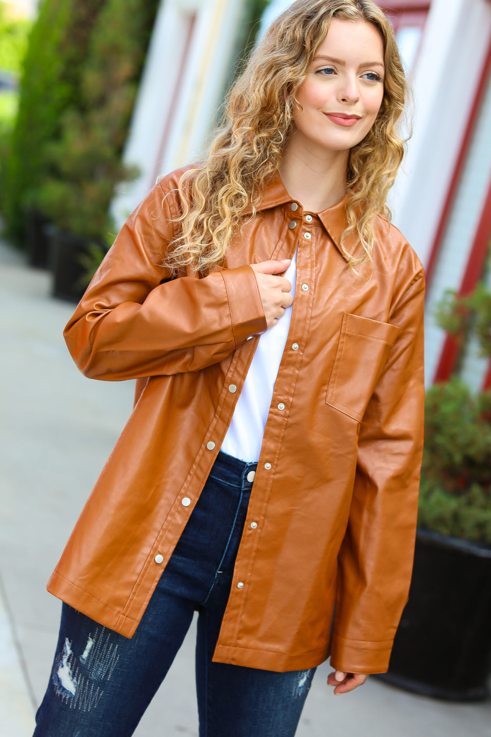 Tan Open Your Heart Rust vegan leather snap button shacket with classic collar and pocket