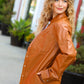 Tan Open Your Heart Rust vegan leather snap button shacket with relaxed fit and front pockets