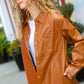 Tan Open Your Heart Rust vegan leather snap button shacket with collar and pocket