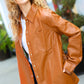 Tan Open Your Heart Rust vegan leather snap button shacket with classic collar and pocket
