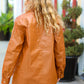 Tan Open Your Heart Rust vegan leather shacket with classic collar and buttoned cuffs