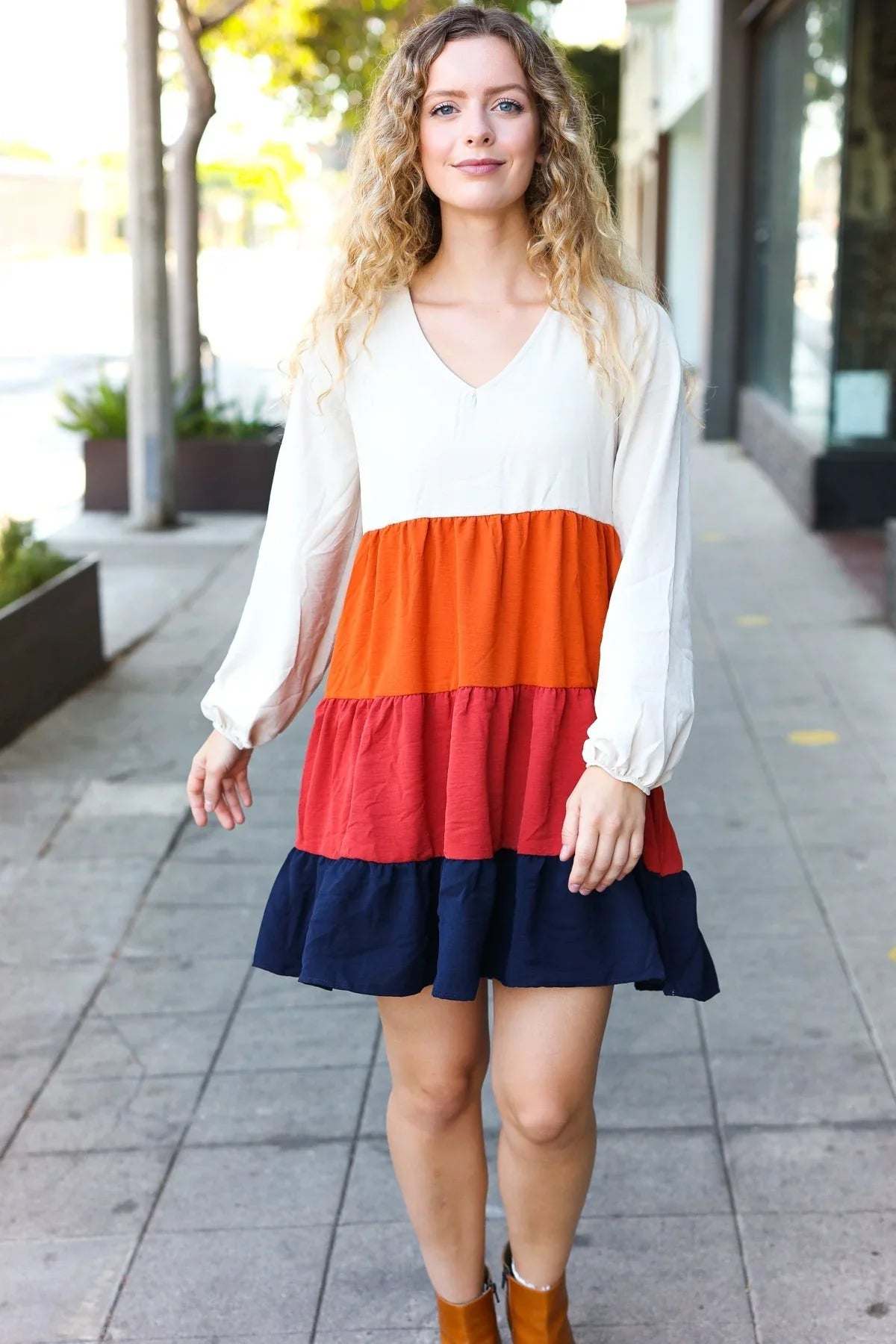 Beautiful You orange and white tiered babydoll dress with navy hem