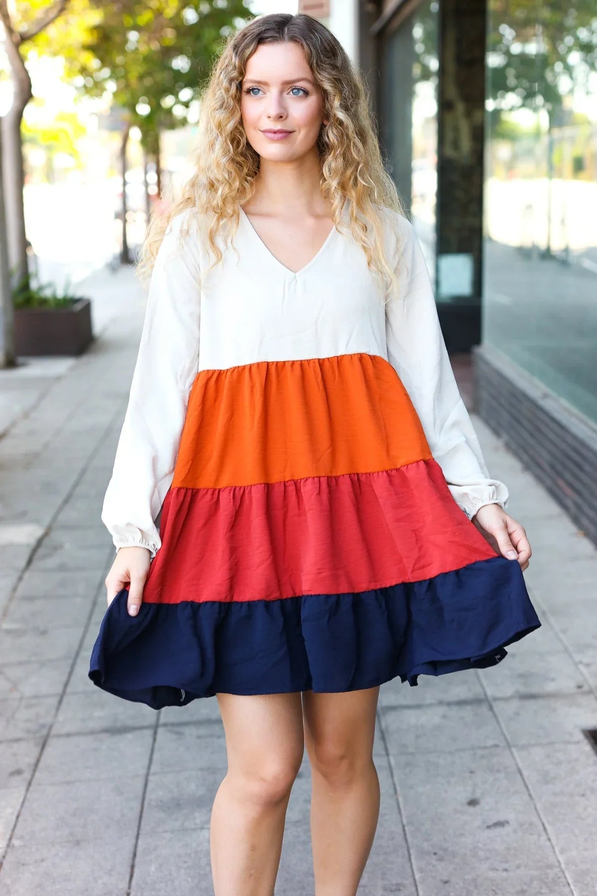 Beautiful You orange and multicolor tiered babydoll dress