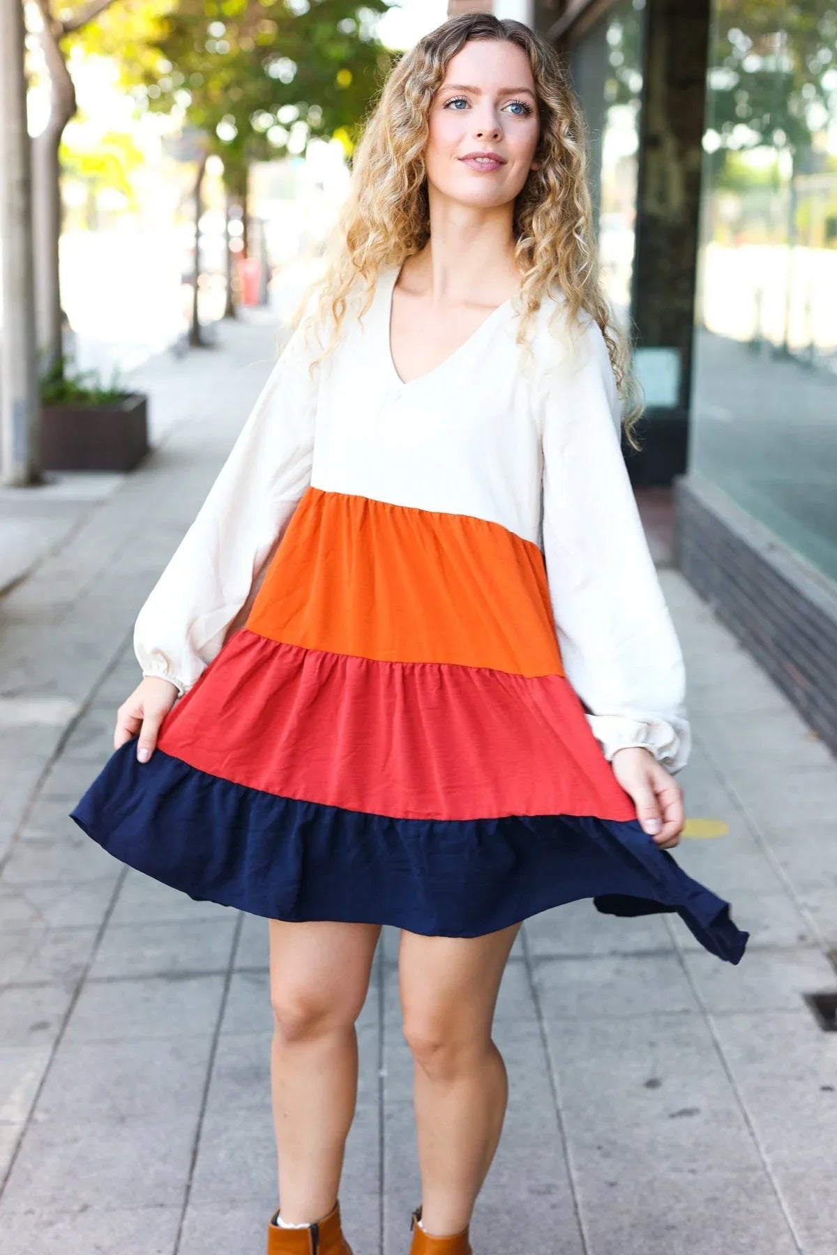 Beautiful You orange multicolor tiered babydoll dress with white long sleeves