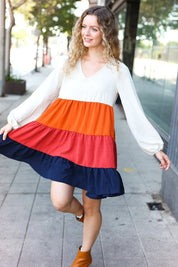 Beautiful You orange multicolor tiered babydoll dress with long sleeves
