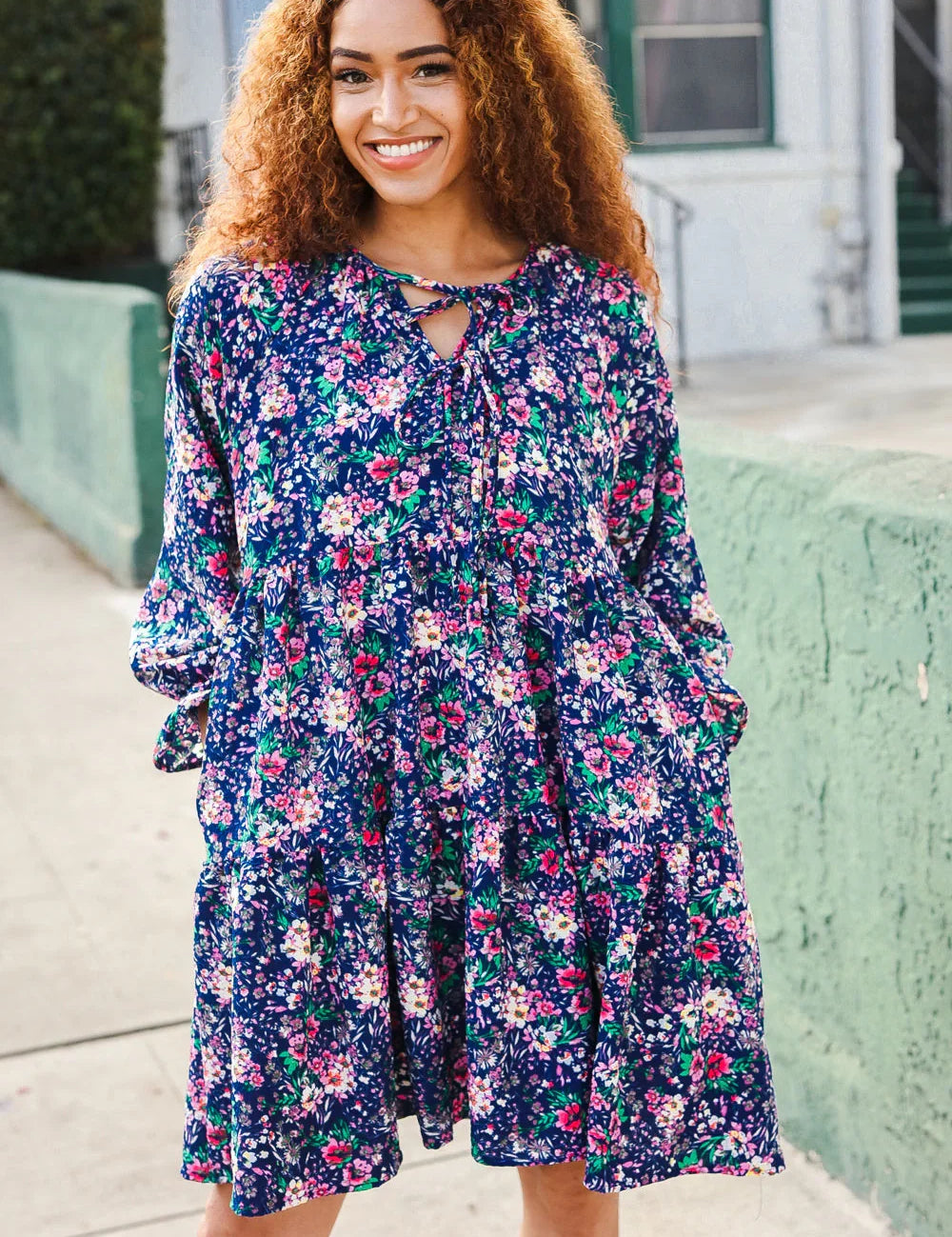 Feeling Joyful Navy Floral Bow Tie Babydoll Long Ruffle Sleeve Dress | Daverri Fashions