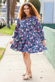 Feeling Joyful Navy Floral Bow Tie Babydoll Long Ruffle Sleeve Dress | Daverri Fashions