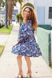 Feeling Joyful Navy Floral Bow Tie Babydoll Long Ruffle Sleeve Dress | Daverri Fashions