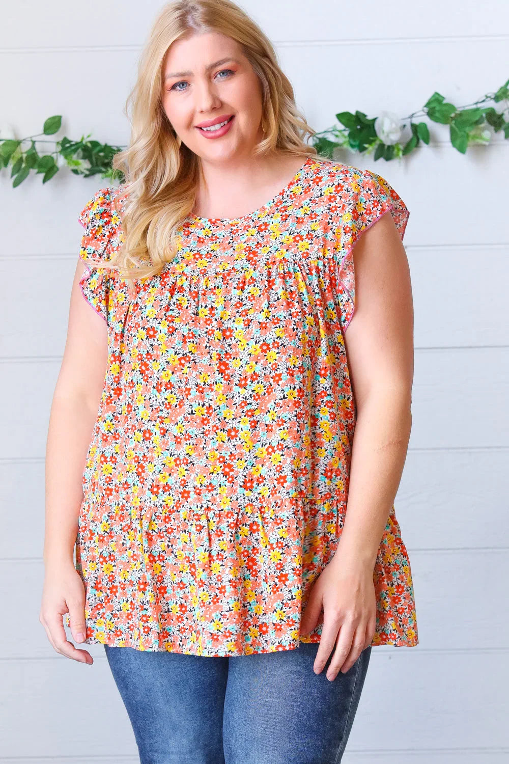 Sunset Floral Print Ruffle Tiered Keyhole Top | Daverri Fashions