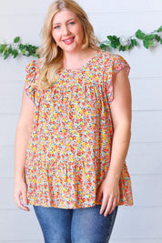 Sunset Floral Print Ruffle Tiered Keyhole Top | Daverri Fashions