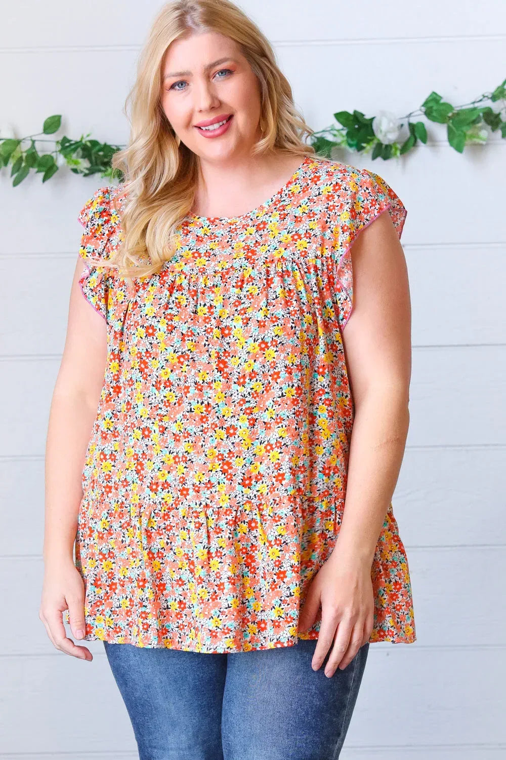 Sunset Floral Print Ruffle Tiered Keyhole Top - DAVERRI FASHIONS