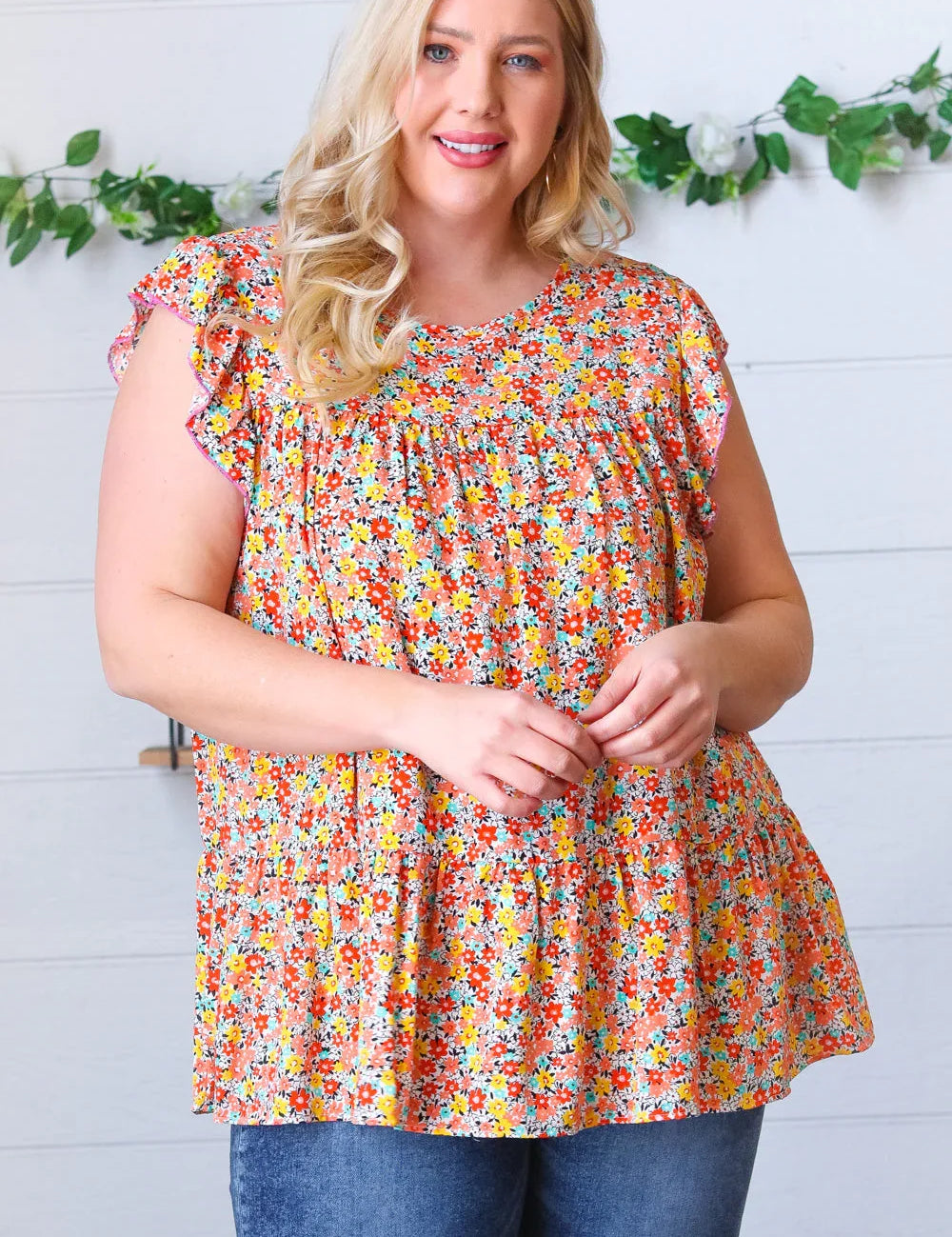 Sunset Floral Print Ruffle Tiered Keyhole Top | Daverri Fashions