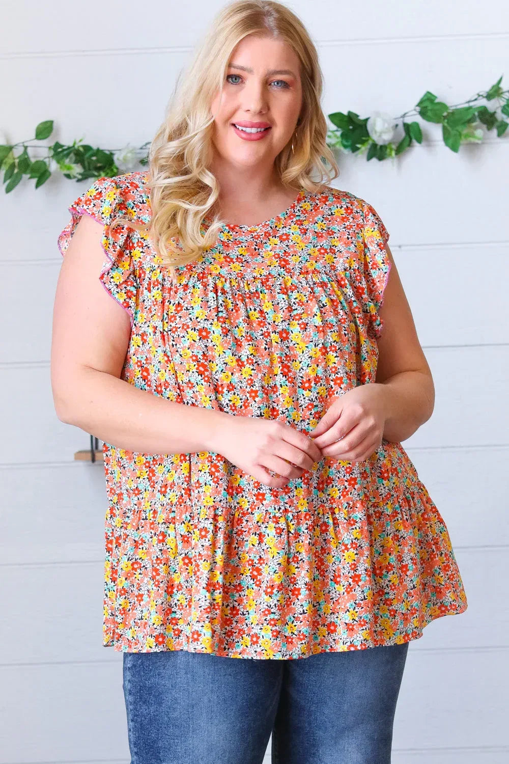 Sunset Floral Print Ruffle Tiered Keyhole Top - DAVERRI FASHIONS
