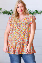 Sunset Floral Print Ruffle Tiered Keyhole Top | Daverri Fashions