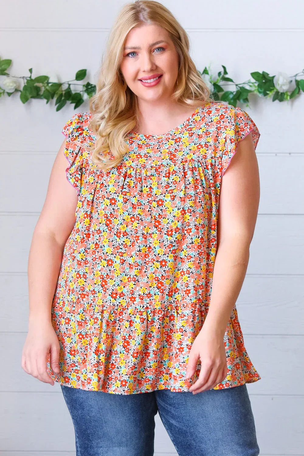 Sunset Floral Print Ruffle Tiered Keyhole Top - DAVERRI FASHIONS