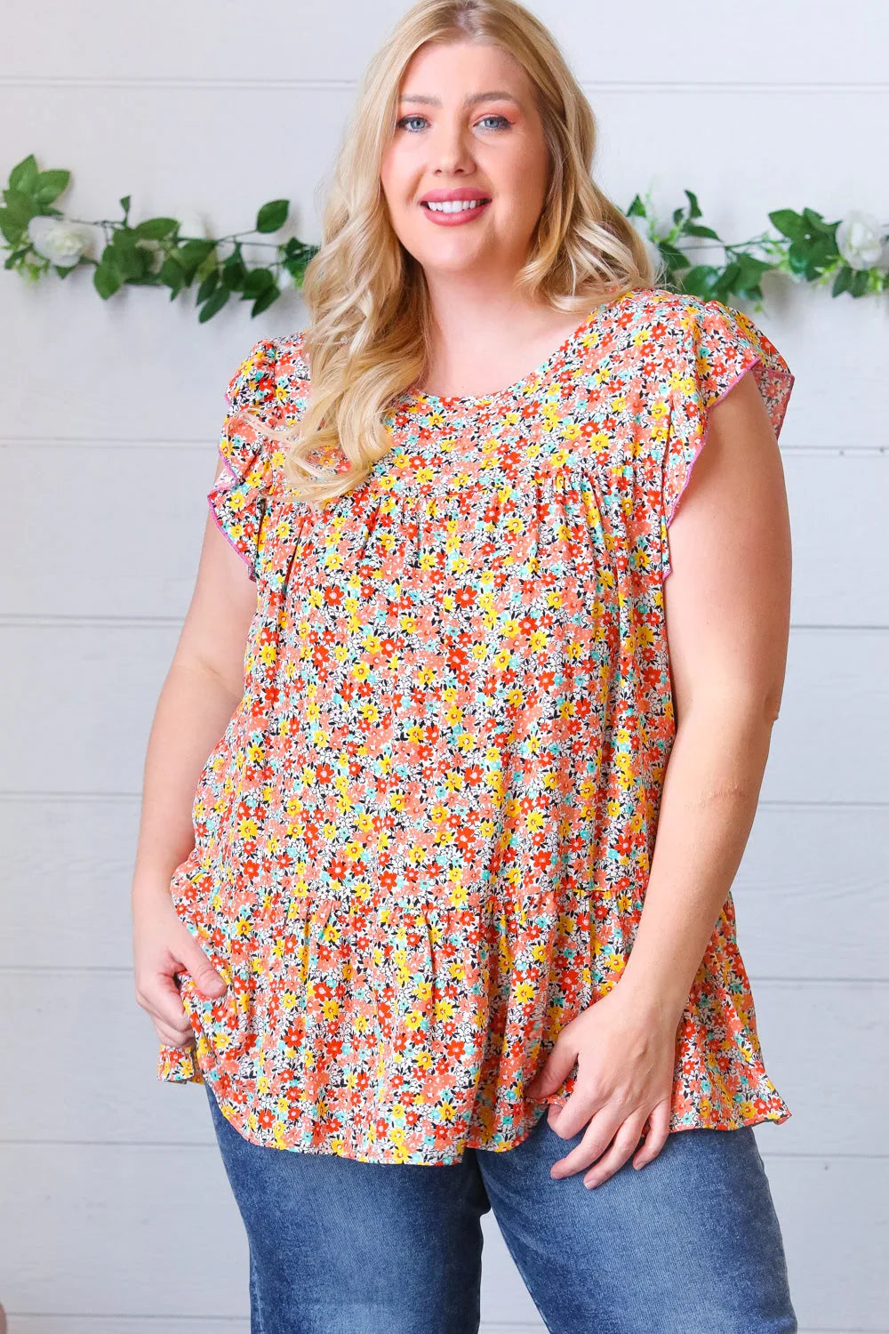 Sunset Floral Print Ruffle Tiered Keyhole Top | Daverri Fashions