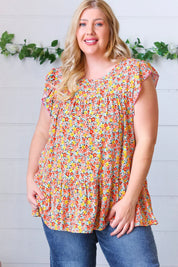 Sunset Floral Print Ruffle Tiered Keyhole Top | Daverri Fashions
