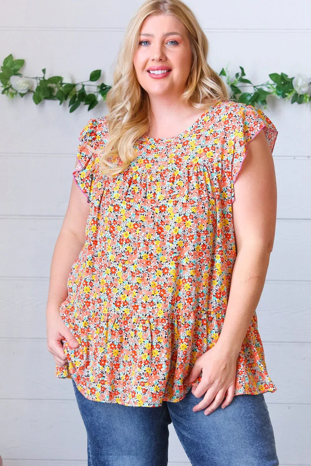 Sunset Floral Print Ruffle Tiered Keyhole Top - DAVERRI FASHIONS