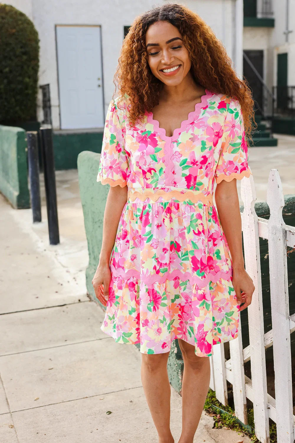 Beautiful You Rose Floral Print Ric Rack Trim Babydoll Dress | Daverri Fashions