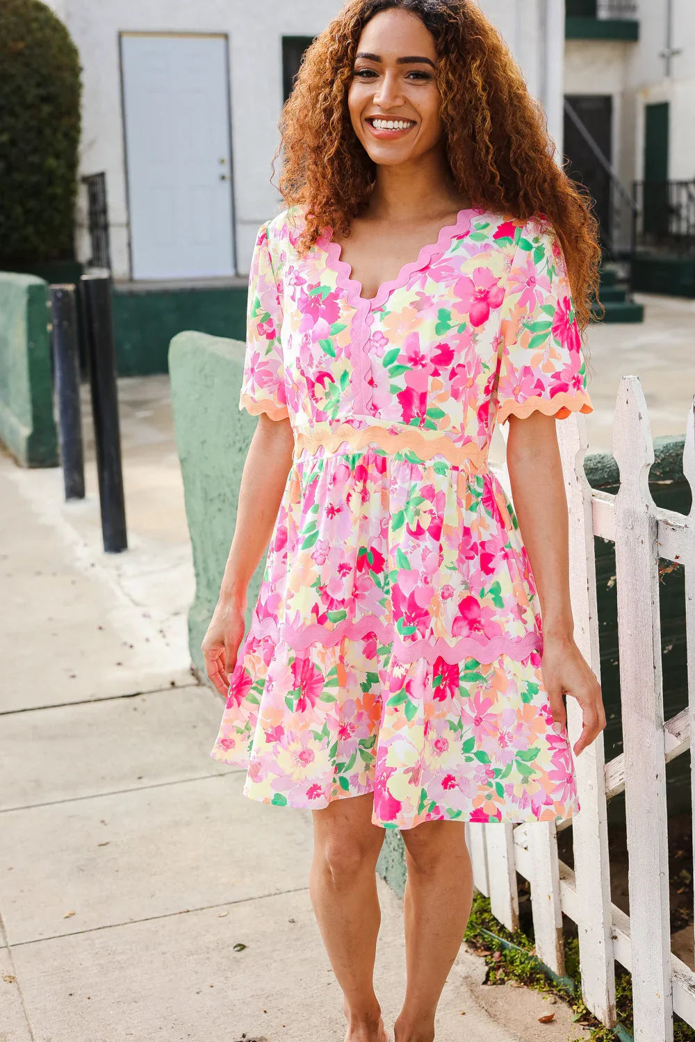 Beautiful You Rose Floral Print Ric Rack Trim Babydoll Dress | Daverri Fashions