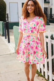 Beautiful You Rose Floral Print Ric Rack Trim Babydoll Dress | Daverri Fashions