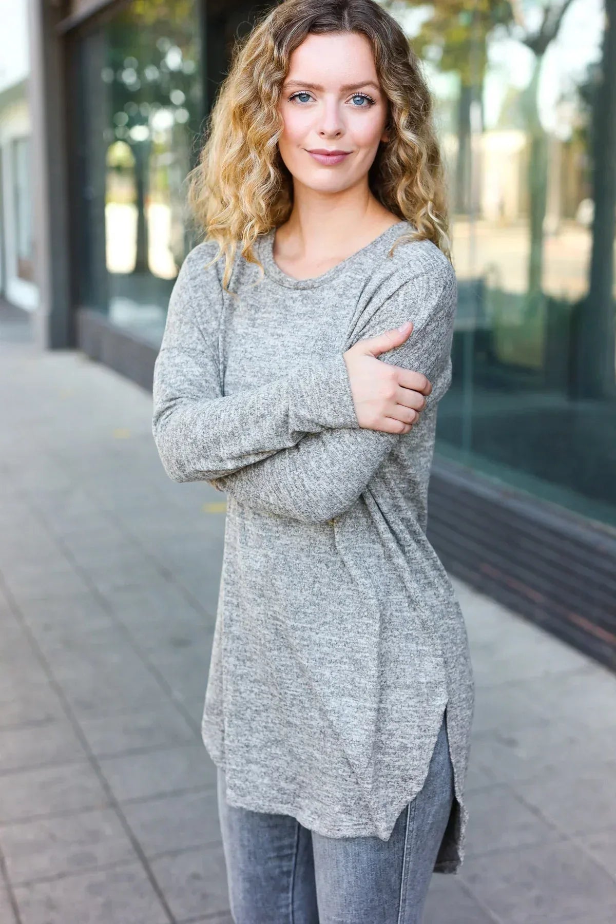 Casual Living Grey Two-Tone Tunic Side Slit Pullover - DAVERRI FASHIONS