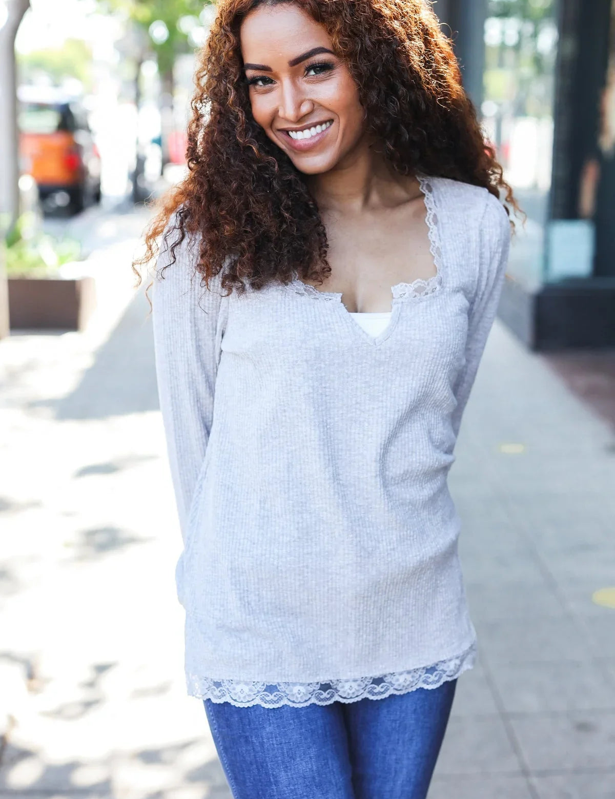 Feels Like Love Grey Lace Trim Rib Long Sleeve Top | Daverri Fashions
