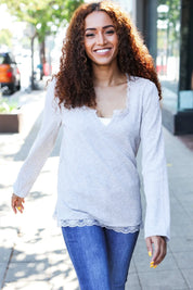 Feels Like Love Grey Lace Trim Rib Long Sleeve Top | Daverri Fashions