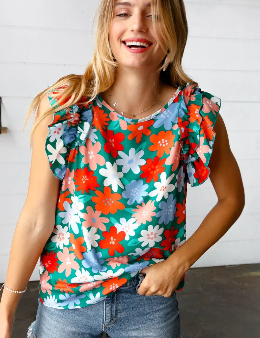 Follow Me Emerald Floral Print Double Ruffle Sleeve Top - DAVERRI FASHIONS