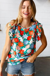 Follow Me Emerald Floral Print Double Ruffle Sleeve Top - DAVERRI FASHIONS